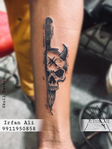 Chest Knife Tattoo, Skull Knife Tattoo, Half Skull Tattoo, Knife Tattoo Design, Skull Knife, Skull Art Tattoo, Half Skull, Knife Tattoo, Tattoo Female