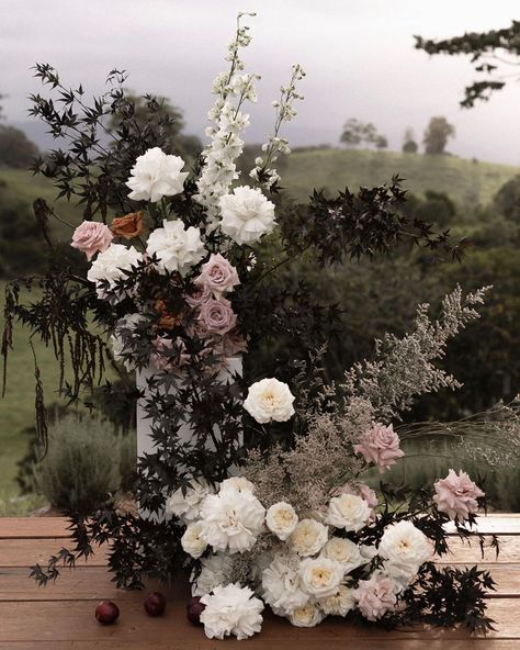 Moody Floral Wedding Arch, Dark Neutral Wedding, Moody Floral Arrangements, Moody Wedding Flowers, Ceremony Florals, Moody Florals, Neutral Wedding Flowers, Daughters Wedding, Dark Wedding