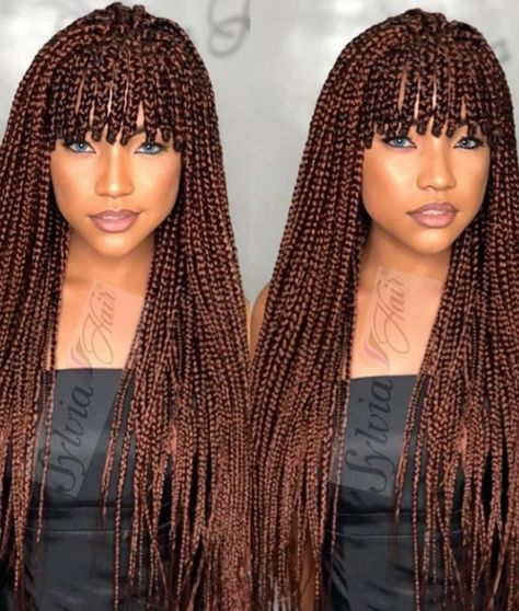 Braid With Bangs For Black Women, Bangs Braids Black, Micro Braids With Bangs, Big Rasta Braids Hairstyles, Braids With Fringe Black Women, Braided Bangs Hairstyles For Black Women, Box Braids With Fringe, Knotless Braids With Bangs, Braids With Bangs Hairstyles