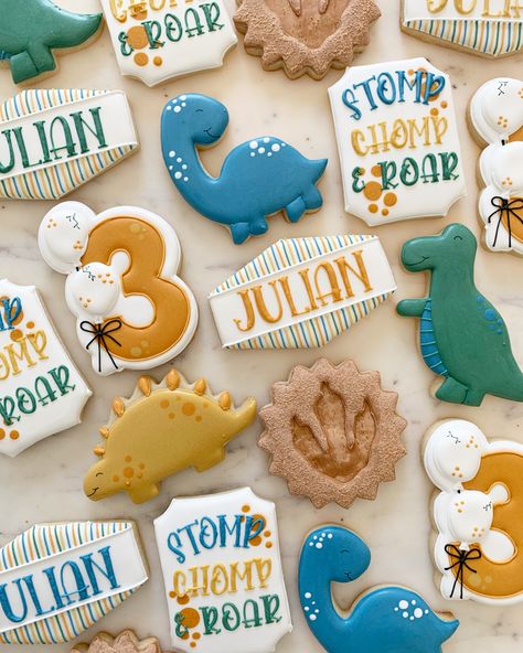 Three Rex Cookies Decorated, 3rex Cookies, T Rex Cookies Decorated, Dino Birthday Cookies, Three Rex Birthday Cookies, Dinosaur Birthday Cookies Boys, Dinosaur Cookies 3rd Birthday, Boy Birthday Cookies Decorated, 3 Rex Cookies