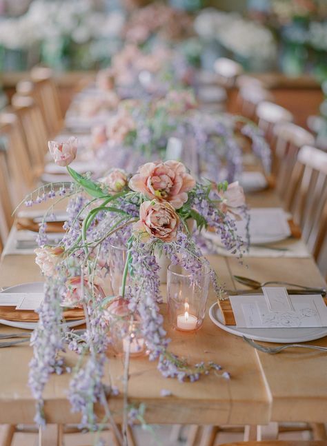 Centerpieces of wisteria and tulips - photo by Corbin Gurkin Wisteria Wedding Centerpieces, Talavera Wedding, Wisteria Wedding, Wedding Flowers Tulips, Wedding Centerpieces Mason Jars, Floral Arch Wedding, Fun Wedding Decor, Tulip Wedding, Modern Wedding Flowers