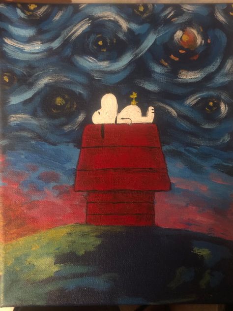 Snoopy Paintings On Canvas, Charlie Brown Painting, Peanuts Painting, Snoopy Painting, Painting Pfp, Starry Night Christmas, Hand Painted Cards, Painted Cards, Christmas Paintings On Canvas