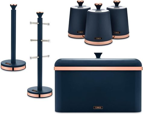 Tower Cavaletto Bread Bin Tower Cavaletto Set of 3 Tea, Coffee & Sugar Canisters Tower Cavaletto 6 Cup Mug Tree & Towel Pole Stylish Matte Midnight Blue finish with Elegant Rose Gold Accents. Perfect for Modern and Contemporary Kitchens #Tower #Navyblue #Setof6 #Breadbin #Tea #Coffee #Sugar #Sugarpot #Coffeepot #Rosegold #Kitchen #Kitchenaccessories #Trend #Affiliate Blue And Rose Gold Kitchen, Rose Gold Kitchen Appliances, Rose Gold Kitchen Accessories, Tea Coffee Sugar Canisters, Navy Blue Kitchen, Rose Gold Kitchen, Kitchen Accesories, Contemporary Kitchens, Sugar Canister