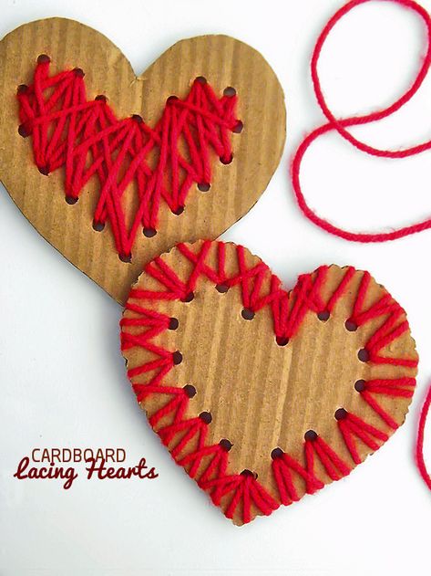 Cardboard Lacing Hearts Valentine's Day Craft Valentines Day Crafts For Preschoolers, Oppgaver For Barn, Valentines Bricolage, Valentine's Day Crafts For Kids, Valentine Crafts For Kids, Valentines Art, Red Yarn, Heart Crafts, Bunny Crafts