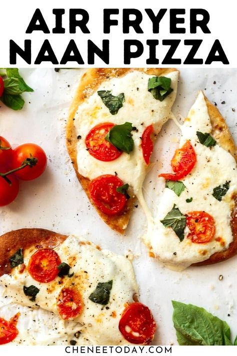 Air fryer naan pizza in air fryers -- how to make mini naan pizza in air fryer! If you've got naan bread you can make pizza in your air fryer! How to make air fryer pizza with naan bread -- it's so easy and delicious, and customizable for any preference! #naanpizza #airfryerpizza #airfryernaanpizza #mininaanpizza #airfryerrecipes Mini Naan Pizza, Pizza With Naan Bread, Air Fryer Naan, Pizza In Air Fryer, Cook In Air Fryer, Pizza In The Air Fryer, Mini Naan, Naan Pizza Recipes, Naan Bread Pizza