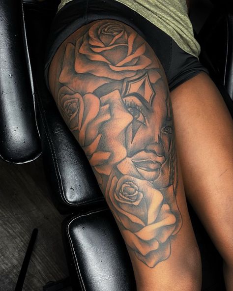 Hip Thigh Tattoos Black Women, Flower Thigh Tattoos Black Women, Leg Sleeves For Black Females, Rose Thigh Tattoo, Rose Tattoo On Black Women, Hip And Thigh Tattoos Women, Tight Tattoos For Women, Thigh Tattoos Black Women Roses, Fire Thigh Tattoos Black Women