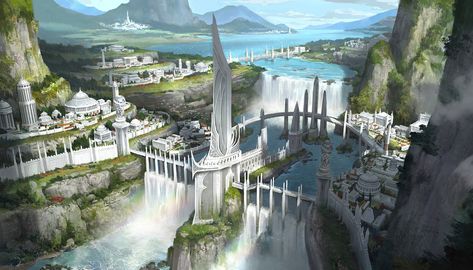 ArtStation - City, Donghee Han Elf City, Elven City, Fantasy Background, Landscape Concept, Fantasy City, Fantasy Castle, Fantasy Setting, Fantasy Places, Futuristic City