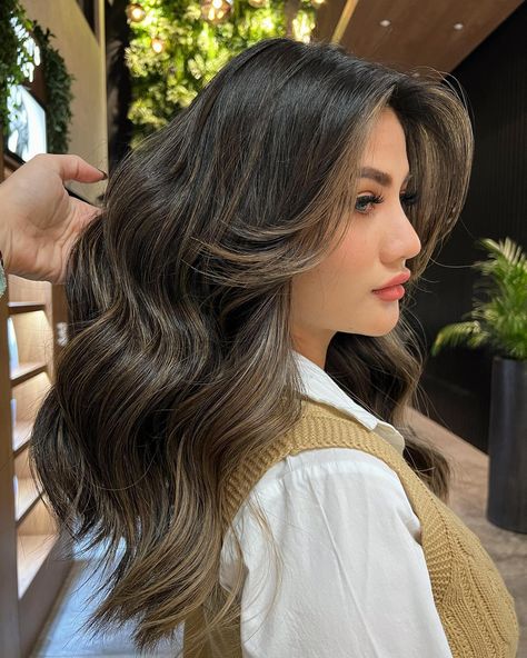 Ash Brown Partial Balayage On Black Hair, Balayage Partial Highlights, Brunette Babylights Ash Brown, Asian Hair Colour Brown, Dark Brown Hair With Partial Balayage, Dark Brunette Partial Balayage, Partial Hair Highlights, Partial Balayage For Dark Hair, Ash Brown Partial Highlights