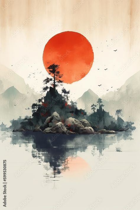 Japanese art, minimal, watercolors. Japanese tradition and culture. Japan. Asia. ai generated illustration Stock Illustration | Adobe Stock Japanese Building Drawing, Ancient Japan Art, Ancient Japan, Japanese Poster Design, Building Drawing, Art Minimal, Japanese Poster, Japan Art, Japanese Traditional