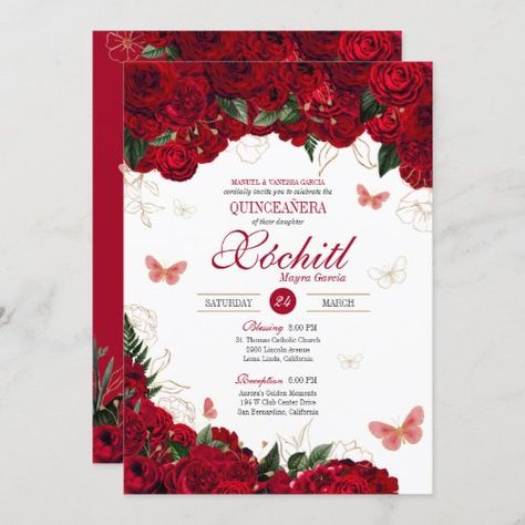 $3.15 | Red & Gold Floral Butterfly Elegant Quinceanera #elegant, butterfly, butterflies, rose, floral, quince anos, 15th birthday invitation, red roses, red floral, red and gold Red Quinceanera Invitations, Floral Quince, Planning Organisation, Quince Invite, Red Quinceanera Ideas, Quinceanera Red, Quinceañera Invitations, Quince Invitations, Butterfly Invitations