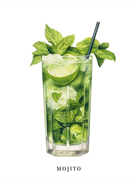 "Mojito Cocktail" Art Print for Sale by MajesticBeasts | Redbubble Mojito Drawing Illustrations, Mojito Graphic Design, Mojito Wallpaper, Mojito Painting, Cocktail Advertising, Cocktail Art Illustration, Mojito Drawing, Mojito Illustration, Mojito Print