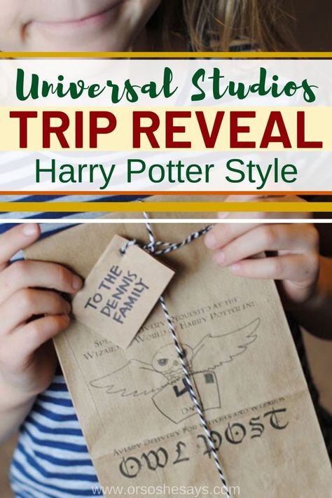 This Universal Studios trip reveal idea is so cute, especially for the Harry Potter fans! Complete with free printable and fun ideas! #vacationannouncement #vacationreveal #tripannouncement #tripreveal #universalstudtios #harrypotter #californiavacation Universal Studios Christmas Gift Reveal, Universal Studios Christmas Surprise, Universal Studios Planning Printables, Universal Studios Orlando Planning Printables Free, Surprise Vacation Reveal Ideas Kids, Surprise Trip Reveal Ideas Kids, Universal Studios Trip Reveal, Universal Gift Ideas, Universal Hogwarts