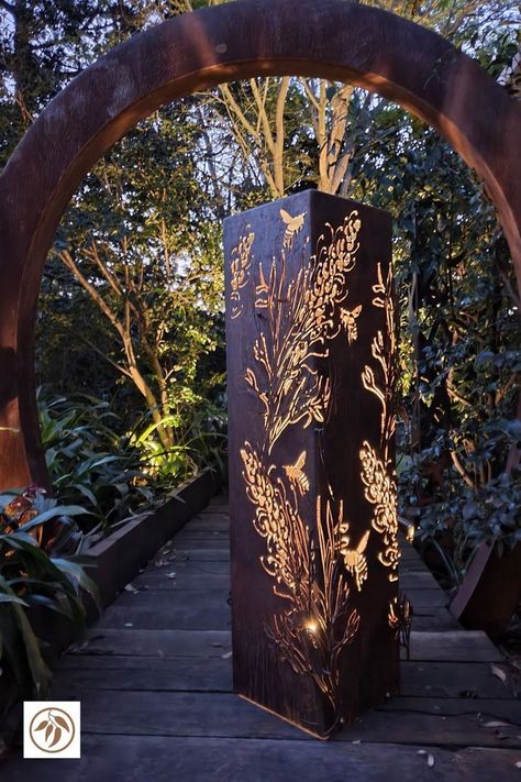 Steel light tower with grevillea cut outs. Lantern Aesthetic, Tattoo Garden, Old Lanterns, Garden Tattoo, Garden Patio Decor, Japanese Lanterns, Outdoor Garden Lighting, Garden Drawing, Garden Lanterns