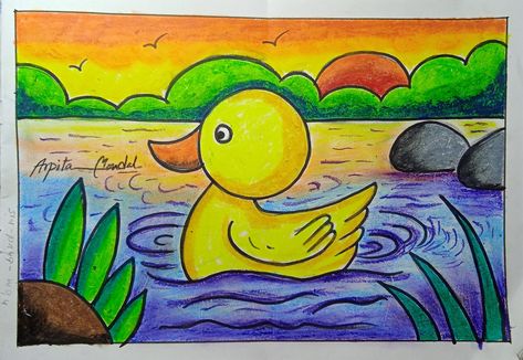 Class 5 Drawing, Class 1 Drawing Ideas, Basic Oil Pastel Drawings, Duck Drawing For Kids, Simple Drawings For Kids, Pencil Colour Drawing, Basic Drawing For Kids, Cartoon Drawing For Kids, Drawing Pictures For Kids