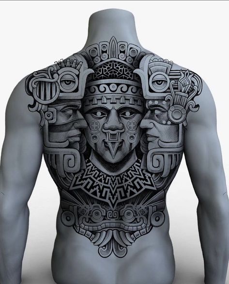 Mayan Gods Tattoo, Mayan Back Tattoo, Tattoo Back Piece Men, Purepecha Tattoo, Ollin Aztec Tattoo, Mexican Tattoo Ideas For Men Aztec, Mayan Tattoos Men, Aztec Back Tattoo, Mayan Warrior Tattoo