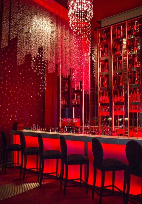 Red bar Marble Waterfall Island, Nightclub Interior, Color In Home, Red Hotel, Circus Aesthetic, Waterfall Island, Behind The Mask, Nightclub Design, Club Decor