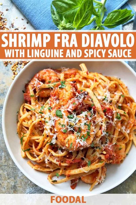 When your pasta is lacking pizzazz, try this crazy easy, super fiery shrimp fra diavolo. This sassy seafood dish features shrimp spiked with spicy red pepper flakes, tossed with juicy tomatoes, salty pancetta, white wine, sharp Asiago cheese, and fresh basil. Get the recipe now on Foodal. #shrimp #pasta #foodal Shrimp Fra Diavolo Recipe, Fra Diavolo Recipe, Shrimp Fra Diavolo, Italian Shrimp, Spicy Shrimp Pasta, Fra Diavolo, Seafood Pasta Recipes, Shrimp Recipes For Dinner, Pasta Night