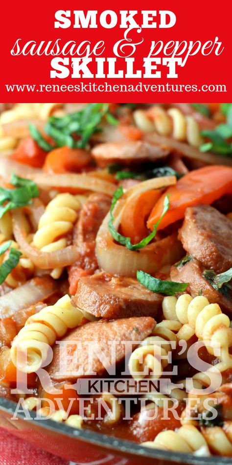 Smoked Sausage and Pepper Pasta Skillet by Renee's Kitchen Adventures- easy recipe made with turkey smoked sausage, pasta, onions, peppers, and fresh basil in a spicy tomato sauce. Makes a great weeknight dinner, ready for your table in about 30 minutes. #Supper #dinner #pastarecipe #smokedsausage #pasta Smoked Sausage And Peppers Pasta, Smoked Sausage Pasta Recipes, Smoked Sausage And Peppers, Sausage And Pepper Pasta, Turkey Smoked Sausage, Sausage Meals, Peppers Pasta, Turkey Smoked, Sausage And Peppers Pasta