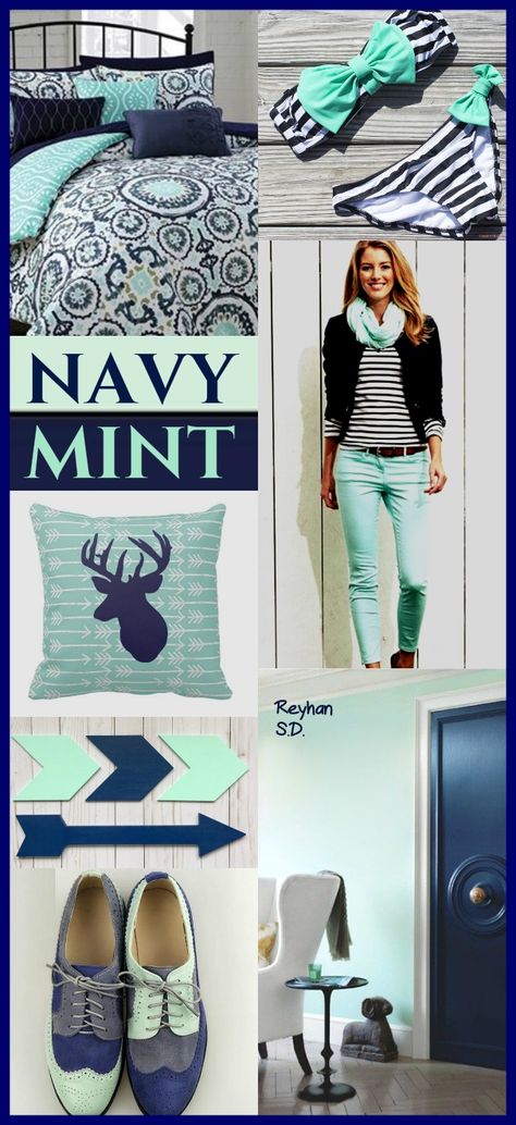 '' Mint & Navy '' by Reyhan S.D. Navy Blue Mint Green Color Palettes, Mint Green And Navy Blue Outfit, Mint Green And Navy Bedroom, Mint Pants, Mint Decor, Fashion Souls, Living Colors, Mint And Navy, Colour Combos