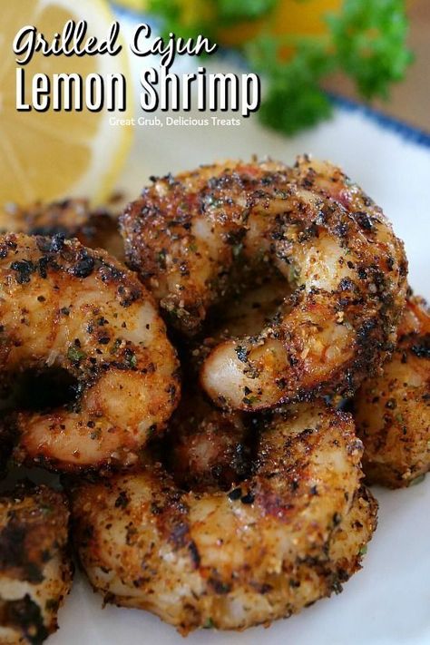 These Grilled Cajun Lemon Shrimp are seasoned with a Cajun flare and drizzled with lemon juice for a delicious grilled shrimp appetizer. #grilled #barbecue #spicy #shrimp #appetizers #greatgrubdelicioustreats Argentina Shrimp Recipes, Argentina Shrimp, Argentine Red Shrimp, Triscuit Recipes, Easy Grilled Shrimp Recipes, Shrimp Grilled, Shrimp Appetizer, Lemon Shrimp, Grilled Shrimp Recipes