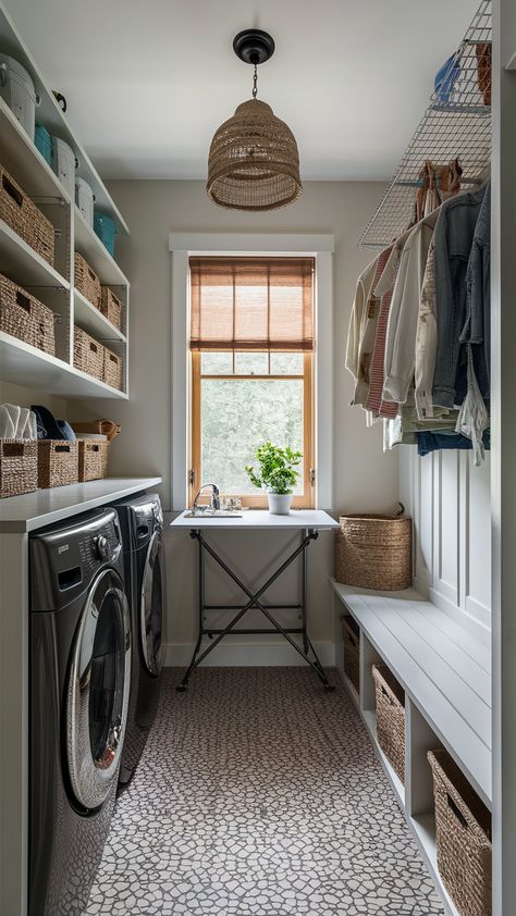 Maximize efficiency in compact laundry rooms with clever hacks. There is an open Fold-down table, a wall-mounted drying rack, benches with storage underneath, narrow rolling units alongside the washer or dryer. Storage bins or baskets that slide on top of the washer and dryer Shelving units that can be placed next to the machines Hanging organizers that can be attached to the wall or the side of the machines Laundry Room Ideas With Drying Rack, Laundry Room Raised Washer And Dryer, Narrow Laundry Room Layout, Narrow Laundry Room Ideas, Laundry Room Layout Ideas, Laundry Room Layout, Benches With Storage, Compact Laundry Room, Laundry Room Tables