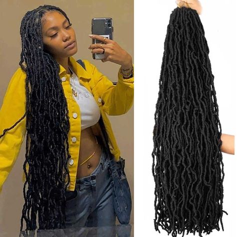 Hair Material : 36 Inch New Goddess Locs Crochet Hair Faux Locs Crochet Braids made with quality Low Temperature Fiber Synthetic Hair Extensions. Package : 4 Pack 36 Inch Super Long Goddess Locs, 12 Strands/Pack, Weight: 105 g/pack, Due to the length and weight of the hair, we recommend customers use 3-4 Packs to make a full hairstyle. Unique Hair Braids, Long Crochet Braids, Soft Locs Crochet, Bachelorette Hair, Faux Locs Crochet Braids, Wavy Crochet, Spring Twist Hair, Faux Locs Crochet, Crochet Hairstyles