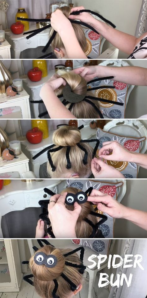 DIY Halloween Hairstyles Spider Hair Bun Tutorial Is Super Easy! Spider Hair Bun, Tutorial Chignon, Diy Halloween Spider, Sweethearts Hair Design, Veselý Halloween, Spider Hair, Läskig Halloween, Spider Costume, Halloween Fest