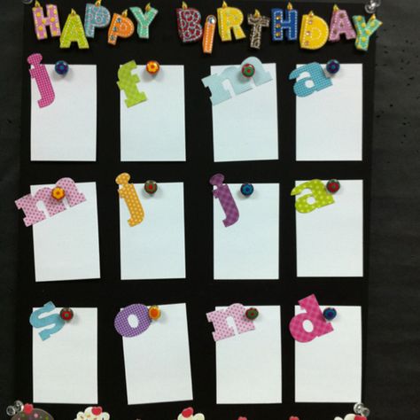 Happy Birthday chart for my classroom - love how the letters are on white for word wall, too! Birthday Board Ideas For Work, Happy Birthday Chart, Birthday Board Ideas, Birthday Chart Classroom, Birthday Chart, Class Birthdays, Birthday Bulletin Boards, Birthday Bulletin, Classroom Birthday