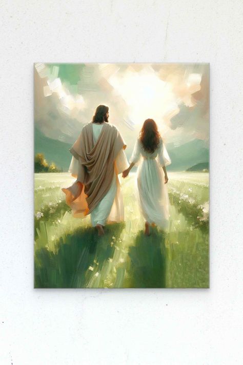 A young woman and Jesus share a peaceful walk, their hands gracefully intertwined. Clad in pristine white, they stand out against the backdrop of nature's lush greenery, a symbol of purity and spiritual vitality. The air is filled with the delicate fragrance of white blossoms, echoing the themes of renewal and divine connection. This art captures a serene moment, inviting contemplation on the shared spiritual journey between the believer and their guiding light. 🌿 - Immediate Download ✅  - High Jesus Walking With Me, Jesus Holding Woman, Jesus And Daughter, Jesus With Girl, Jesus And Girl, Walking With Jesus, Jesus Love Images, Christian Painting, Jesus Walking