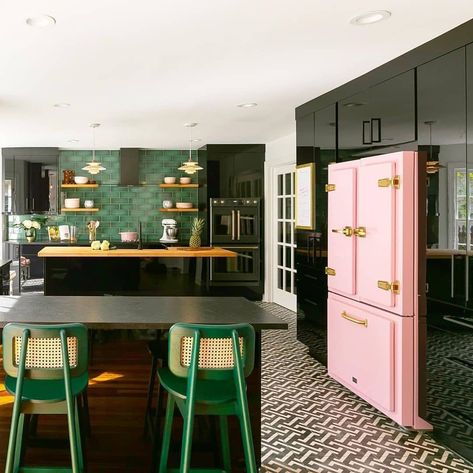 Retro Pink Kitchens, Pink Fridge, Cottage Core Kitchen, Green Bar Stools, Industry West, Retro Appliances, Retro Fridge, Green Bar, American Kitchen