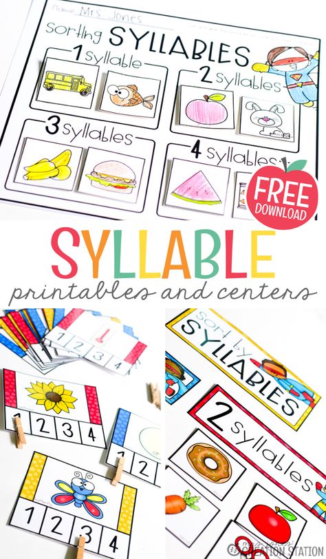 Syllable Centers Kindergarten, Syllable Worksheets Kindergarten Free, Syllable Activities Kindergarten, How To Teach Syllables In Kindergarten, Literacy Centers Kindergarten Free, Free Literacy Centers, Syllables Kindergarten, Ela Kindergarten, Syllable Games