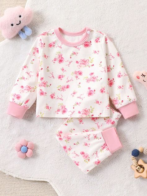 2pcs Newborn Baby Girl Floral Print Long Sleeve Knit Soft Breathable Pajama Set Baby Pink     Floral,Plants Baby Pajama Set Medium Stretch  Baby Girls Clothing, size features are:Bust: ,Length: ,Sleeve Length: Baby Pajamas, Newborn Baby Girl, Girls Pajamas, Girls Clothing, Baby Sets, Long Sleeve Knit