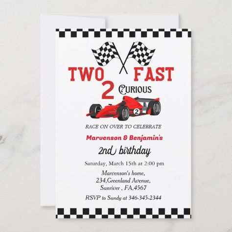 Two fast race car twin boys 2nd birthday party invitation Two Fast Birthday Invitation, Boys 2nd Birthday, Boy 2nd Birthday, Car Birthday Party Invitations, 2nd Birthday Party For Boys, 2nd Birthday Boys, 80th Birthday Invitations, Car Birthday Theme, Race Car Birthday Party