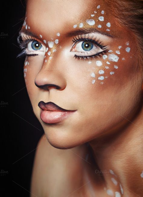 Girl with makeup deer by Elena Vagengeim on @creativemarket Deer Makeup Tutorial, Deer Makeup, Halloween Make-up Looks, Animal Makeup, Deer Costume, Deer Girl, Halloween Makeup Looks, Halloween Make Up, Couples Costumes