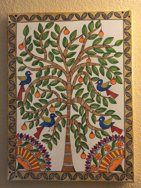 Madhubani Bird Motif, Simple Madhubani Designs, Kalamkari Painting Easy, Madhubani Paintings Traditional, Madhubani Tree, Traditional Madhubani Art, Gond Painting, Madhubani Paintings, Kalamkari Painting