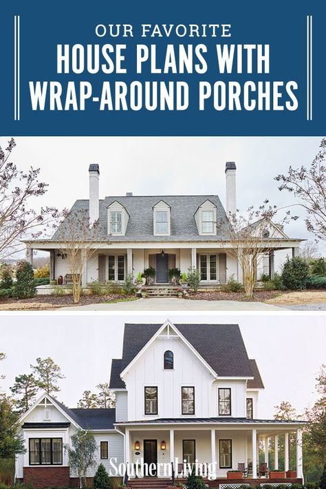 We gathered 13 of our favorite house plans that feature showstopping wrap-around porches to show just how versatile they can be! #southernlivinghouseplans #architecture #houseplans #homedesign #wraparoundporch #southernliving Wrap Porch House Plans, Farm House Plans With Wrap Around Porch Open Floor Modern Farmhouse, Single Story House Plans With Wrap Around Porch, Farmhouse Plans With Wrap Around Porch, Wraparound Porch House Plans, Wrap Around Porch Ideas, Farmhouse With Wrap Around Porch, House With Wrap Around Porch, Homes With Wrap Around Porches