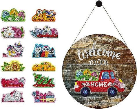 LIULIMI Diamond Painting Wall Decor, Interchangeable Seasonal Welcome Sign Hanging with 12 Pcs Soft Magnetic Diamond Painting Stickers for Beginners, Adults & Kids Art Craft Supplies (Various Floats) Painting Front Door, Magnetic Plates, Welcome Sign Hanging, Metal Welcome Sign, Halloween Christmas Decorations, Diamond Drawing, Painted Front Doors, Diamond Art Painting, Front Door Signs