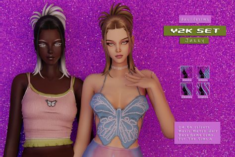 Y2K Inspired Hairstyle for The Sims 4 Daylife Sims Cc Hair, Daylife Sims Hair, Sims 4 Cc Y2k Hair Maxis Match, Sims Y2k Hair, Sims 4 Y2k Cc Hair, Sims 4 Y2k Hair, Sims Y2k, Daylife Sims, Sims Dress