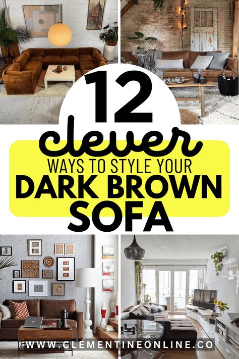 12 Clever ways to Style Your Dark Brown Sofa - Clementine Online How To Style A Brown Couch, Chocolate Brown Sofa Living Room Ideas, Brown Chair Living Room, Brown Sofa Decor, Chocolate Brown Couch, Dark Leather Couches, Chocolate Brown Sofa, Dark Brown Sofa, Dark Couch