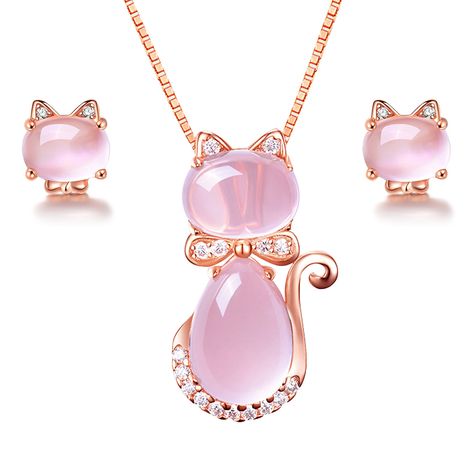 Pink Jewelry Set, Cat Pendant Necklace, Cat Earrings Studs, Engagement Earrings, Birthday Gifts For Teens, Crystal Jewelry Sets, Animal Cat, Real Jewelry, Cat Pendants