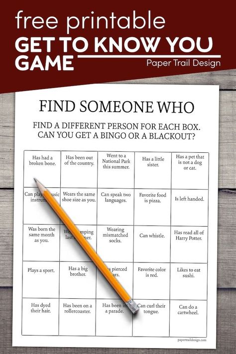 Print this worksheet for a fun icebreaker get to know you game. Just find someone who matches up with each box Games To Get To Know People, Find Someone Who Game, Get To Know You Bingo, Get To Know You Games For Teens, Getting To Know You Games, Get To Know You Games For Kids, Get To Know You Games, Elementary Games, Fun Team Building Activities