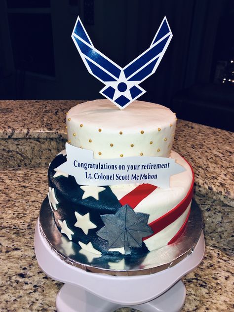 Air Force retirement cake Air Force Cake Ideas, Air Force Cake, Airforce Retirement Cupcakes, Air Force Retirement Decorations, Usaf Retirement Cake, Air Force Retirement Cake, Air Force Retirement Party Ideas, Air Force Retirement, Military Retirement Cake