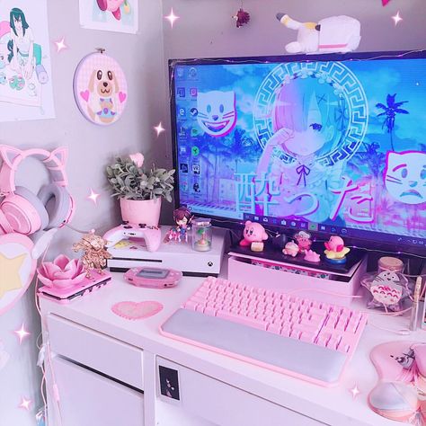 #rem #pc #razer #pink #kawaiiroom #kawaii #anime #setup #razerquartz Kawaii Room Ideas, Kawaii Bedroom, Gamer Setup, Otaku Room, Gamer Room Decor, Video Game Room Design, Video Game Rooms, A Keyboard, Pastel Room