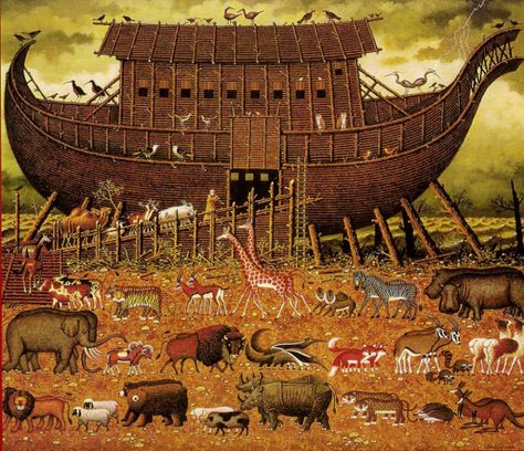 WYSOCKI, charles American  (1928 –2002)_Noah And Friends Charles Wysocki, Arte Folk, Americana Art, Illustrator Inspiration, Noah S Ark, Animals And Birds, Horse And Buggy, Biblical Art, Noah's Ark