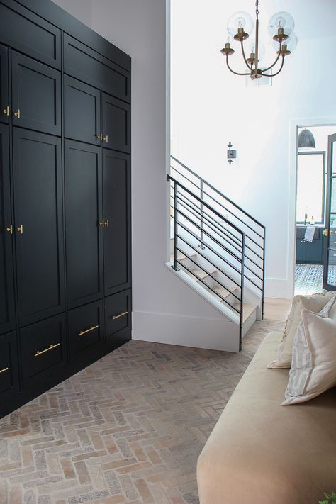 black cabinets in mudroom with brick herringbone floors Black Mudroom, Brick Herringbone Floor, Brick Herringbone, Herringbone Floors, Mudroom Flooring, Interior Brick, Mudroom Entryway, Mudroom Decor, Mudroom Laundry Room