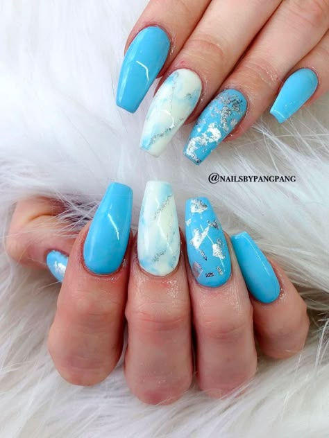 Acrylic Nails Light Blue, Light Blue Marble, Nails Light Blue, Marble Acrylic Nails, Blue And Silver Nails, Polygel Nail, Aqua Nails, Nail Gems, Baby Blue Nails