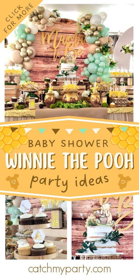 Classic Pooh Table Decorations, Winnie The Pooh Candy Table Ideas, Winnie The Pooh Baby Shower Treats Table, Winnie The Pooh Baby Shower Dessert Table, Winnie The Pooh Sweet Table, Winnie The Pooh Dessert Table Ideas, Winnie The Pooh Candy Table, Winnie The Pooh Baby Shower Ideas Food, Winnie The Pooh Treat Table