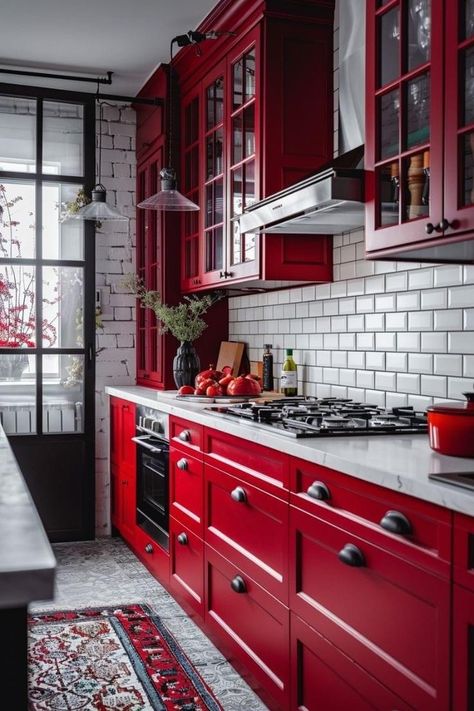 Kitchen Desighn, White Kitchen Interior, Laundry Pantry, Red And White Kitchen, Beautiful Kitchen Cabinets, Mom Kitchen, Rustic Home Design, Kitchen Cabinet Colors, Red Kitchen