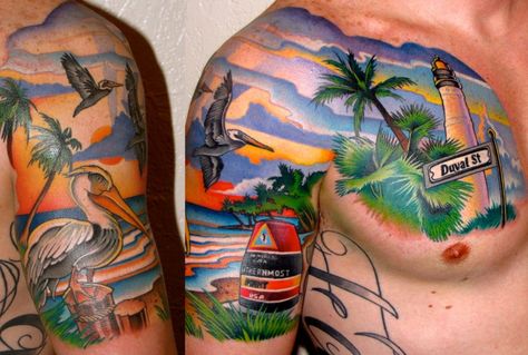 Key West tattoo by Ken Hoffa I would never get this, but it's beautiful!!! Florida Keys Tattoo Ideas, Key West Tattoo Ideas, Key West Tattoo, West Tattoo, Florida Tattoo, Balinese Tattoo, Beachy Tattoos, Tato Tradisional, Florida Tattoos