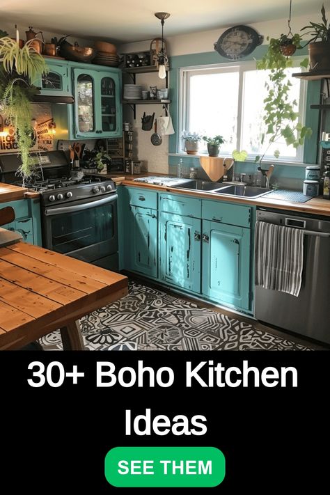 Love the boho style but wondering how to apply this school of design in a kitchen? Good question! We found 30 great examples of boho kitchens that show you just how, and used them to provide you with this list of tips. The Boho style involves lots of plants, patterns, and pops of bright color […] Boho Kichen Desine, Small Kitchen Boho Ideas, Bright Cozy Kitchen, Small Kitchen Ideas Color, Kitchen Design Bohemian, Boho Kitchen Cabinets, Small Boho Kitchen, Boho Kitchen Design, Boho Farmhouse Kitchen